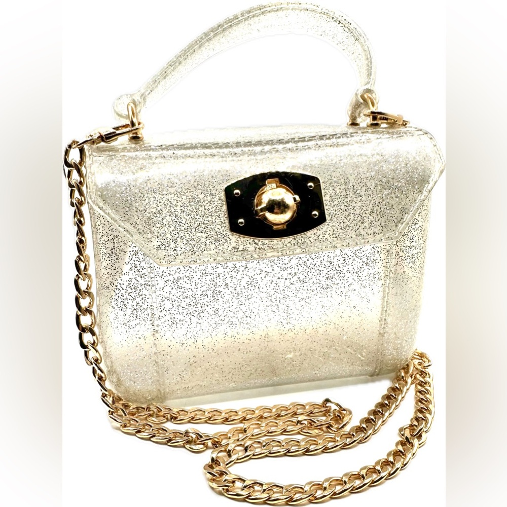 Mini Glitter Decor Twist Lock Flap Transparent Square Bag Crossbody or Handle
